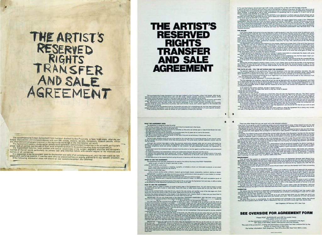 좌: 아티스트 계약 1면의 스케치, 우: 1971년 배포된 아티스트 계약의 포스터 버전