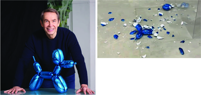 (좌) 작품 “파란 풍선개”(1994-2000)와 작가 제프 쿤스, (우) 미국 마이애미 아트페어에서 훼손된 “풍선개”의 모습