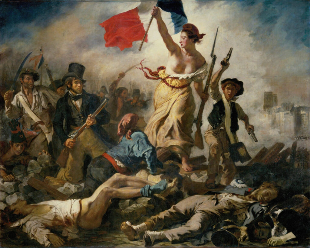 안정적인 삼각형 구도와 곳곳에 타오르는 불길 묘사에서 강렬한 낭만주의 화풍을 엿볼 수 있다. 외젠 들라크루아, “민중을 이끄는 자유(Liberty Leading the People)”, 1830