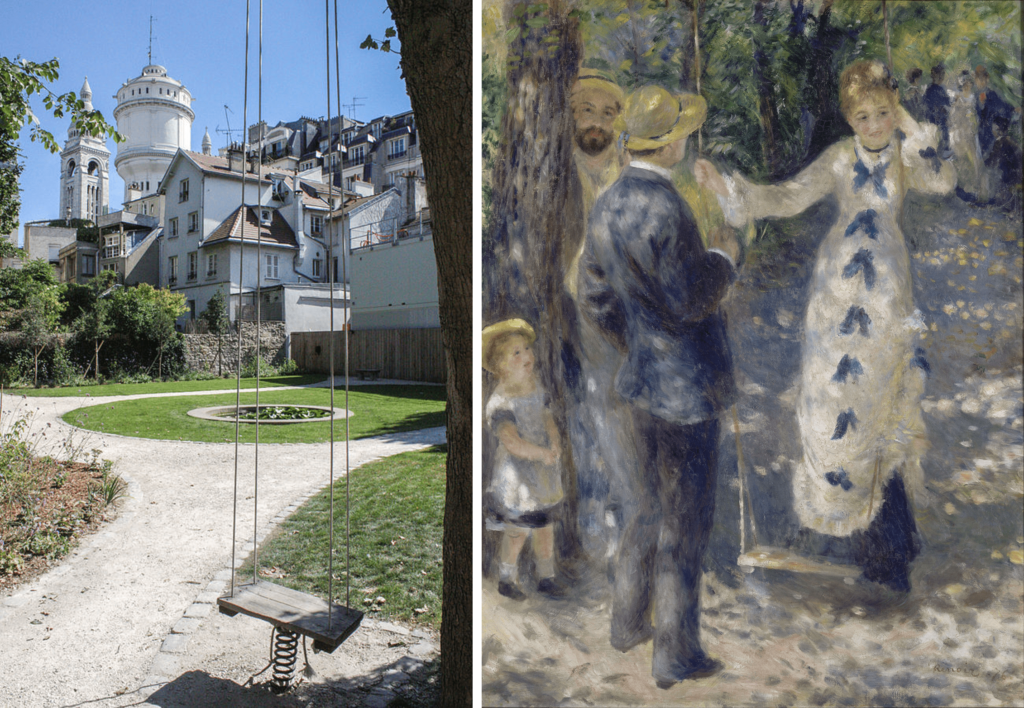 (좌) 몽마르트르 미술관 정원에 있는 그네. 실제 르누아르 작품에 등장한 곳이다. (우) 오귀스트 르누아르, “그네(The Swing)”, 1876