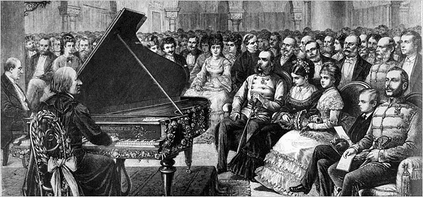 음악회장에 모인 19세기의 청중들이 리스트(Franz Liszt)의 음악을 감상하고 있다
