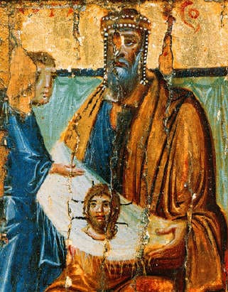 화가 미상, 에데사의 타데우스로부터 예수의 수의를 받는 아브갈 왕, 944년경, 납화, 성 캐서린 수도원
