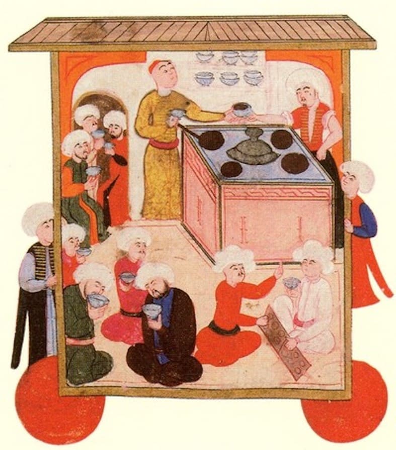 16세기 오스만 제국 사람들이 당시 카페에서 커피를 마시는 모습을 기록한 그림(작가, 연도 미상)