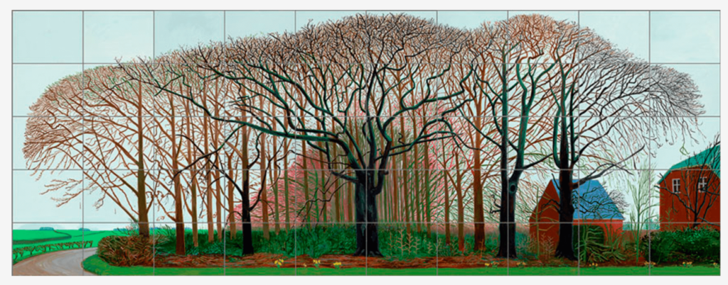 데이비드 호크니, “와터 근처의 더 큰 나무들 또는 새로운 포스트 – 사진 시대를 위한 야외에서 그린 회화”