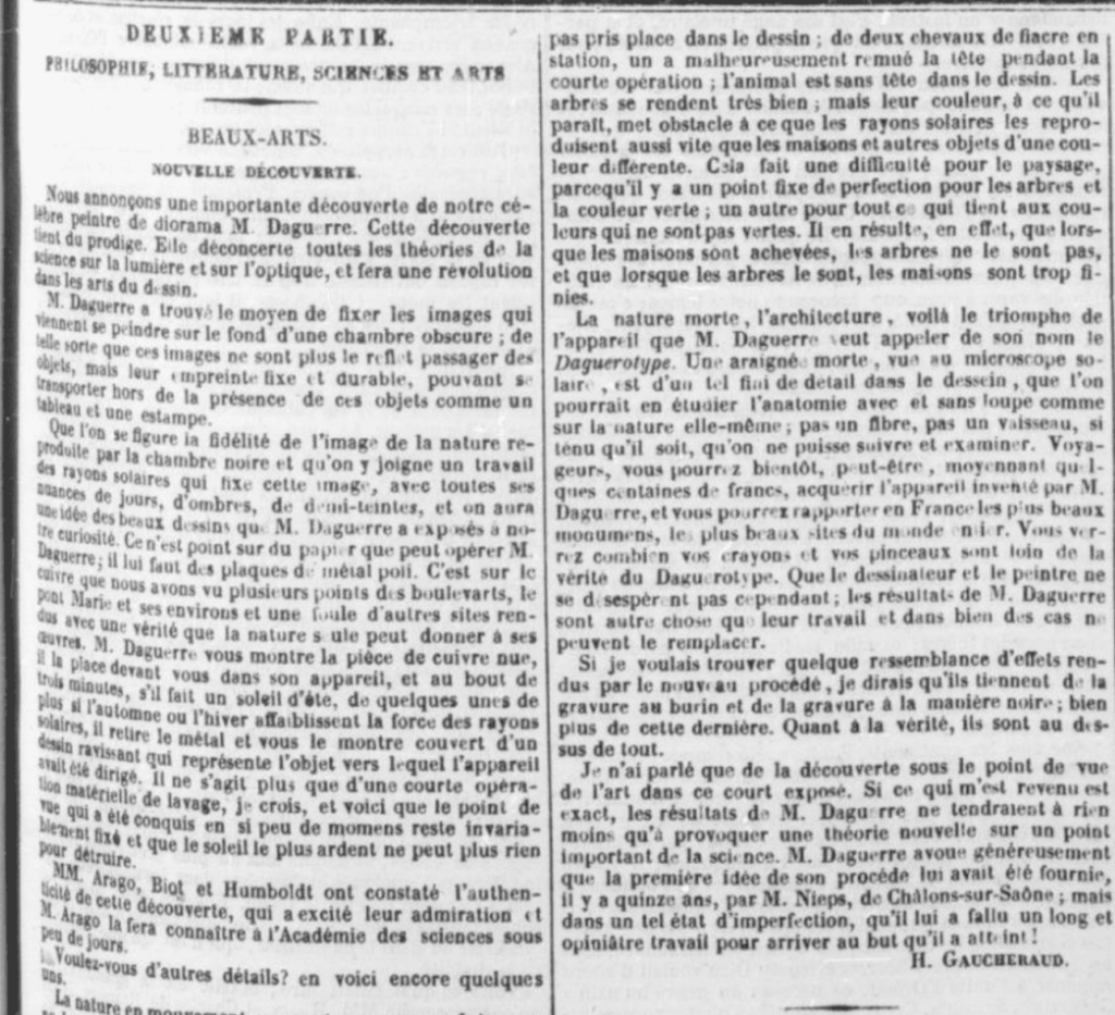 「가제트 드 프랑스 Gazette de France」의 1839년 1월 6일자 기사