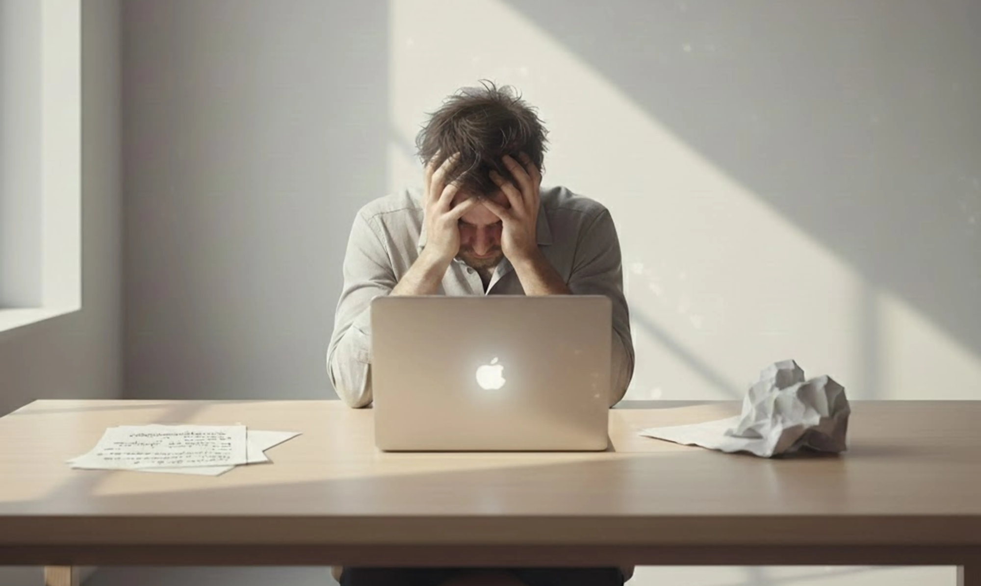 기획안 없이 글을 쓰다 막혀 고민하는 사람의 모습(AI 제작)